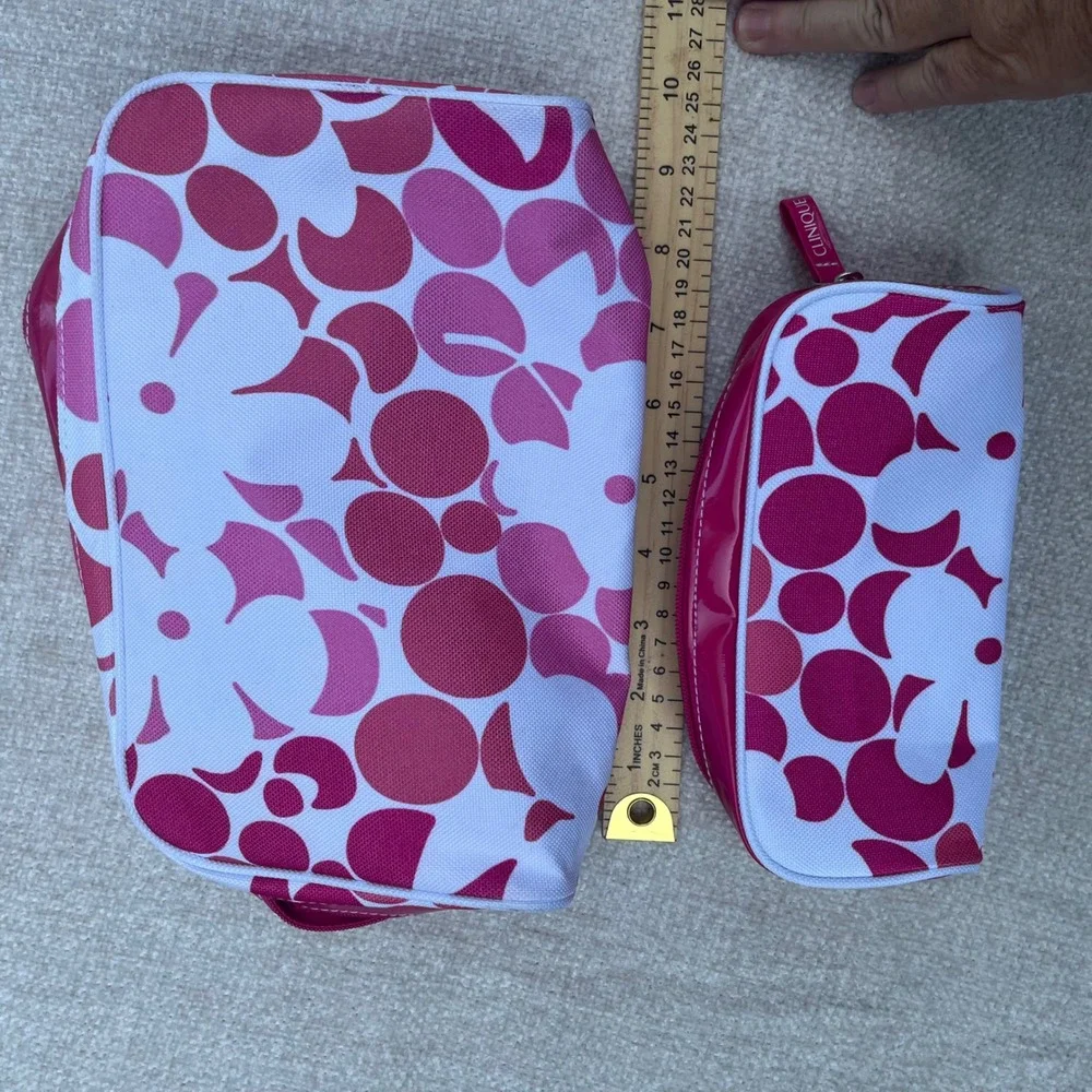 Clinique 2 Piece Makeup Bag Set Pink White Floral Polka Dot Cosmetic Travel Pouc